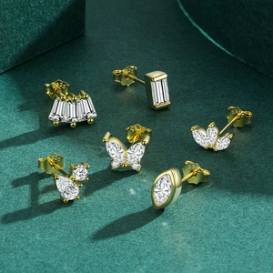 S925 silver gold-plated stud earrings set featuring various geometric zircon shapes