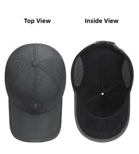 Detailed view of dark grey winter baseball cap showing quilted top and inner lining