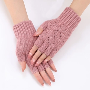 Pink knit fingerless arm warmers with diamond cutout pattern and ribbed cuffs