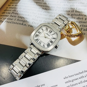 Elegant silver square watch with Roman numerals and solid steel band for women