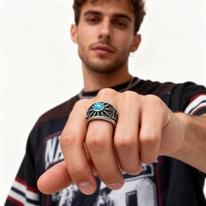 Herren Vintage Punk Edelstahl Ring Mit Blauem Türkis Sonnenstrahlen Relief Muster Motorrad Stil Schmuck