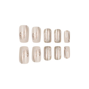 Minimalist beige press-on nails with metallic rose gold lines and fine gold glitter accents