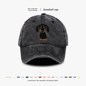 Washed Cotton Baseball Cap Retro Cartoon Dachshund Print Adjustable Soft Top Peaked Sun Hat For Men Women Casual
