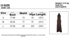 Size chart for satin slit dress detailing bust, waist, hips and length in centimeters