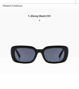 Detail showing glossy black C01 square sunglasses with thick frames and wide temples