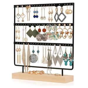 Three-tier black metal earring display stand with wooden base for jewelry storage