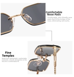 Detail of gold metal nose pads and textured temples on rimless square sunglasses