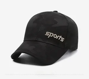 Detail of Sports 3D embroidery on black camouflage baseball cap with curved brim