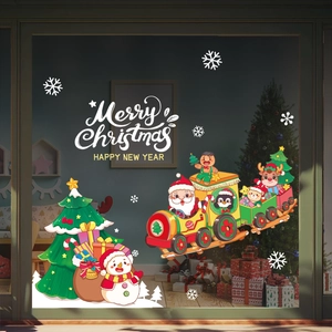 Christmas window stickers featuring Santa Claus on a train with tree and snowmen
