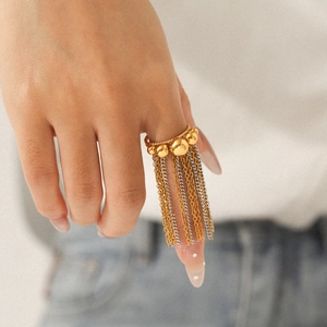 Polished stainless steel tassel chain ring with gold and silver tones for women