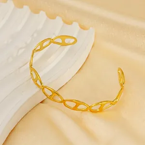 Women Elegant Cuff Bracelet 18K Gold Plated Stainless Steel Adjustable Open Retro French Style Anchor Link Hand Jewelry