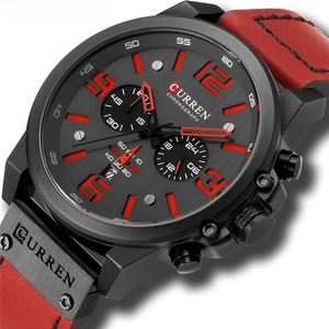 Men's sport chronograph watch with black dial, red numeral markers and leather strap