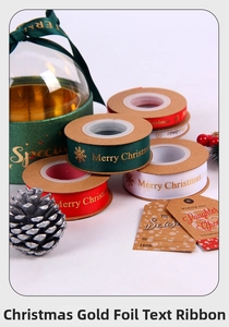 Detail showing red and green Merry Christmas ribbons with gold foil and pine cones