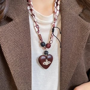 Vintage heart pendant necklace with wooden beads and woven checkered cord strap