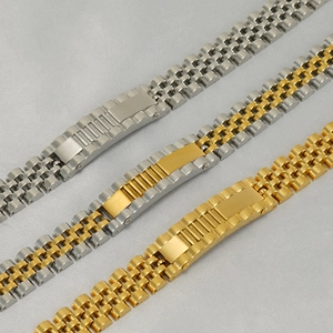 Three-color Jubilee style stainless steel watch bands in silver, gold, and two-tone finishes