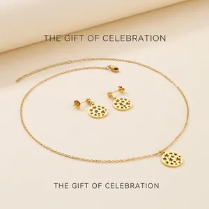Stainless Steel Necklace And Earrings Hollow Round Star Pendant Minimalist Fashionable Elegant For Women