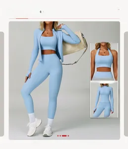 Détail de l'ensemble de sport bleu clair en tissu respirant à haute élasticité
