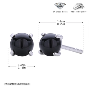 Detail showing S925 sterling silver black zircon stud earrings with precise dimensions