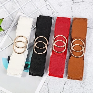 Women's Fashion PU Leather Elastic Waist Belt With Double O Ring Alloy Buckle Wide Corset Waistband For Dresses Coats