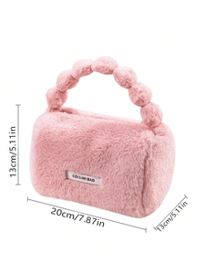 Pink plush cosmetic bag with dimensions 20x13x13cm featuring a bubble handle and soft texture