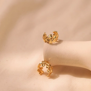 Exquisite 18K gold plated brass flower ear cuffs featuring elegant five-petal floral design