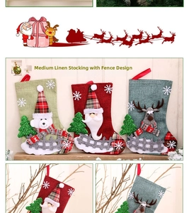 Detailed view of linen-textured Christmas stockings with 3D Santa and Reindeer appliques
