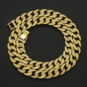 Luxurious gold-plated Cuban link necklace with sparkling rhinestones and box safety clasp