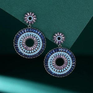 Dual-layer round flower earrings with gradient blue and purple zircon insets