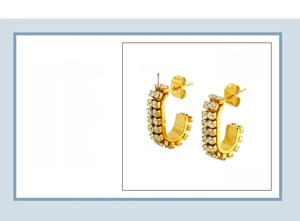 Detail showing 18k gold plated U-shaped stainless steel earrings with dual rhinestone rows