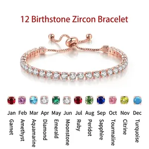 Adjustable Tennis Bracelet Copper Cubic Zirconia Round Single Row Sparkle Bolo Slider Chain Link For Women Birthday Gift