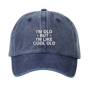 Washed navy denim baseball cap with I'M OLD BUT I'M LIKE COOL OLD printed slogan