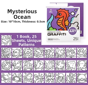 Detail of 25 ocean-themed coloring pages for kids, size 10x10cm with sea creatures