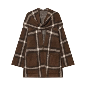 Women Retro Plaid Knit Cardigan Loose Long Sleeve Shawl Collar Button Up Sweater Jacket With Pockets