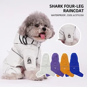 Dog Raincoat Waterproof Polyester Reflective Safety Strip Shark Hooded Full Body Jumpsuit For Small Medium Dogs