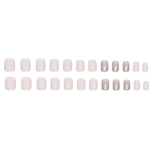 Short minimalist milky white and silver glitter press-on nails in a 24-piece set
