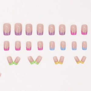 24-piece colorful French tip press-on nails set in square shape on a clean white background