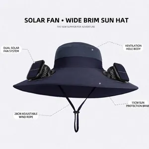 Chapeau de soleil à double ventilateur solaire avec large bord pour pêche en plein air