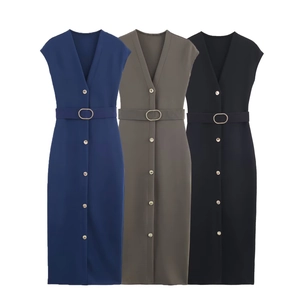 Women Sleeveless V-Neck Midi Dress Solid Color Elegant Polyester Button Up Sundress With Belt Casual Summer Fashion