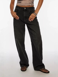 Women High Waisted Wide Leg Jeans Washed Charcoal Denim Loose Fit Streetwear Retro Pants With Back Adjustable Buckle