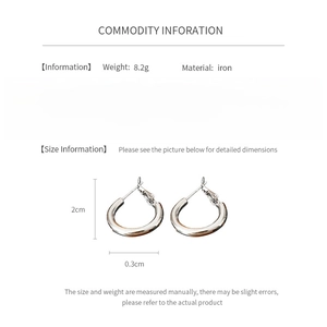 Detailed dimensions of minimalist silver hoop earrings with iron body and silver needles