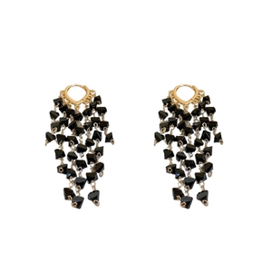 Elegant geometric black crystal drop earrings with vintage gold fringe tassels