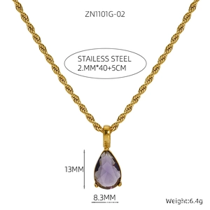 Detail of 18K gold-plated twist chain with pear-shaped purple amethyst pendant