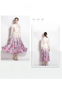 Detail of satin floral maxi dress featuring standing collar and waist tie design