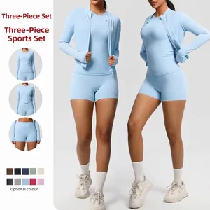 Women Seamless Yoga Set Long Sleeve Zipper Jacket Slim Fit Top And Athletic Shorts Breathable Sports Gym Activewear Suit
