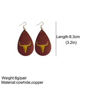 Western style teardrop leather earrings with golden bull head pattern and 8.3cm length