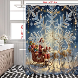 Christmas shower curtain 180x180cm featuring Santa Claus reindeer and snow scene decor