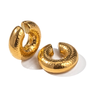 18K gold plated stainless steel hoop earrings with handcrafted hammered texture finish