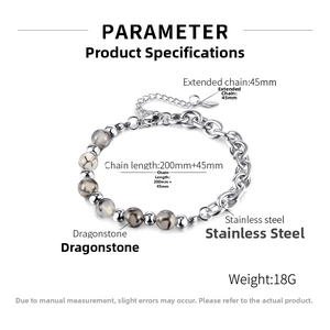Detail view of dragonstone beads and stainless steel chain bracelet with size specs