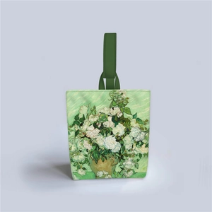 Detail of Van Gogh Roses oil painting print on a stylish canvas tote bag fabric