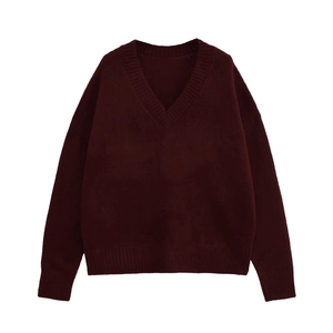 Classic maroon V-neck knitted sweater for women with long sleeves on white background